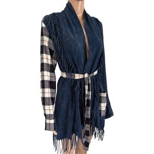 Patchington Upcycled Fringe Plaid Sleeve Jacket Cardigan Boho Western Shacket